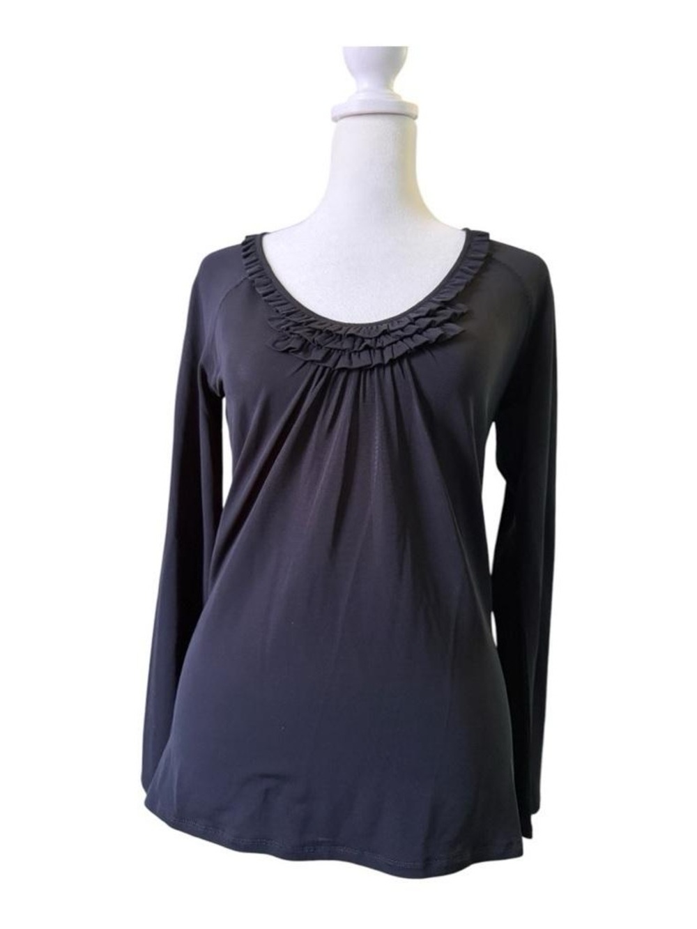 Long Sleeve Ruffled Scoop Neck Top - Black